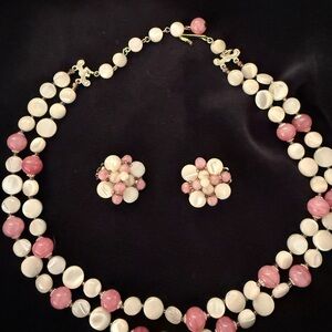 Vintage Japan Pink and White Beaded Necklace and clip Earring Set